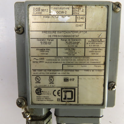 Square D GCW-2 Class 9012 Ser C Pressure Switch 90-2900PSIG 600V