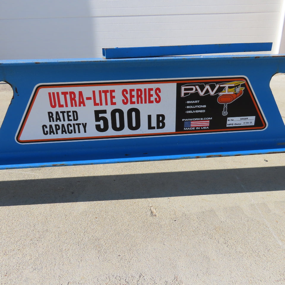 PWI Ultra-Lite 500Lbs Manual Underhung Bridge Crane 25' Travel 20' C to C mounts