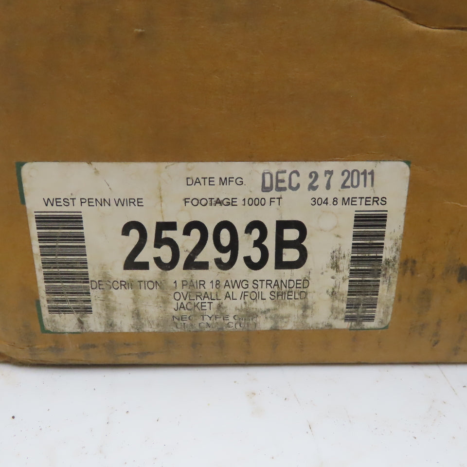 West Penn Wire 25293B 1 Pair 18GA Plenum Control Cable Shielded Gray 1000'