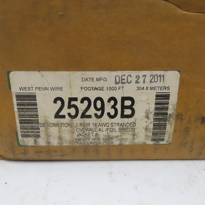 West Penn Wire 25293B 1 Pair 18GA Plenum Control Cable Shielded Gray 1000'