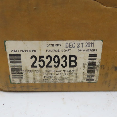 West Penn Wire 25293B 1 Pair 18GA Plenum Control Cable Shielded Gray 1000'
