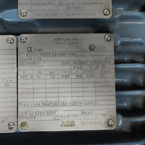 ABB M3GP-280SMC-4-B3 110kW AC Electric Motor 400V 50HZ 3PH 1485RPM 280 Frame
