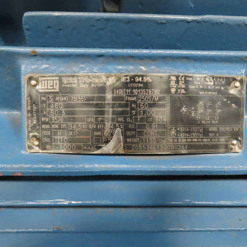 Weg Z05536ET3Q080211 75HP AC Electric Motor 3570RPM 460V 3PH 250S/M Frame