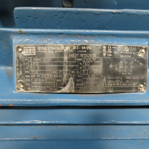 Weg Z05536ET3Q080211 75HP AC Electric Motor 3570RPM 460V 3PH 250S/M Frame