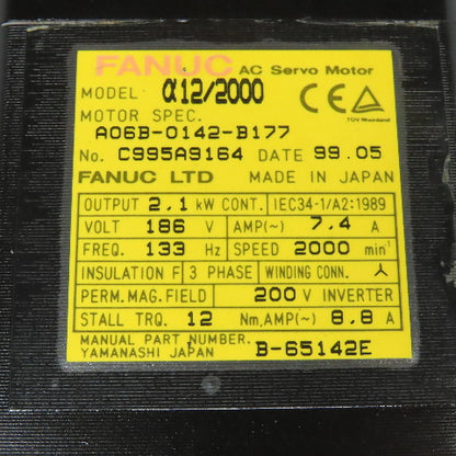 Fanuc A06B-0142-B177 2.1kW 2000RPM 3Ph 186V 133Hz AC Servo Motor With Brake