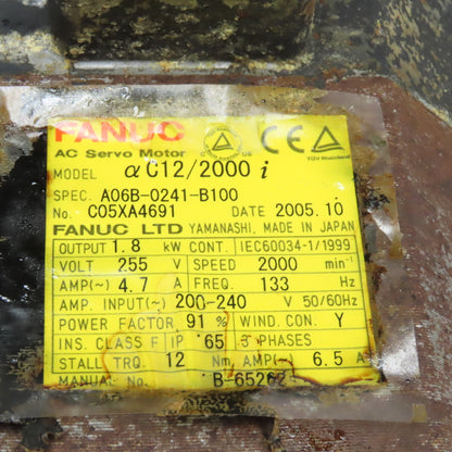 Fanuc A06B-0241-B100 1.8kW 2000RPM 255V AC Servo Motor W/ Encoder A860-2000-T301