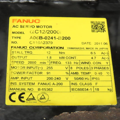 Fanuc A06B-0241-B200 1.8kW 2000RPM 3Ph 255V 133Hz AC Servo Motor