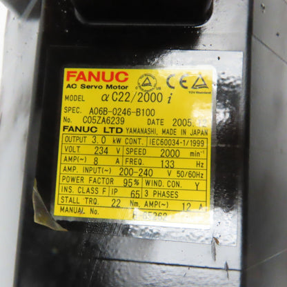Fanuc A06B-0246-B100 3kW 2000RPM 3Ph 234V 133Hz AC Servo Motor