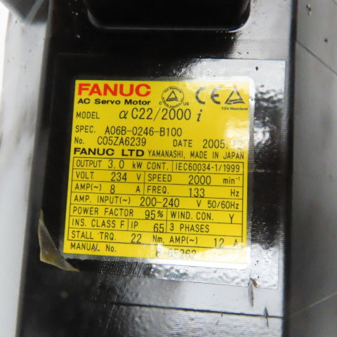 Fanuc A06B-0246-B100 3kW 2000RPM 3Ph 234V 133Hz AC Servo Motor