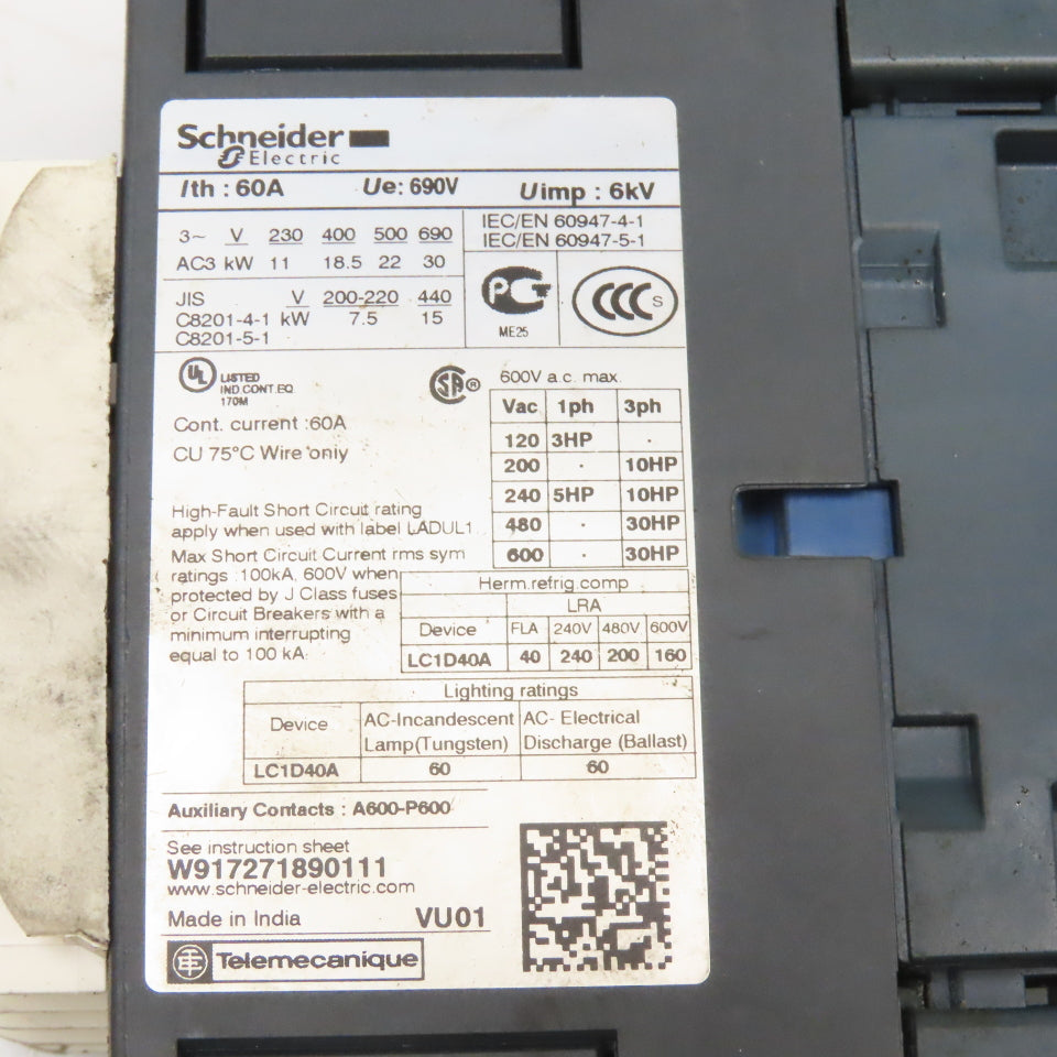 Telemecanique LC1D40A 600V 3Ph 30Hp MAX Contactor 110V Coil
