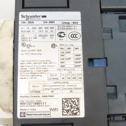 Telemecanique LC1D40A 600V 3Ph 30Hp MAX Contactor 110V Coil
