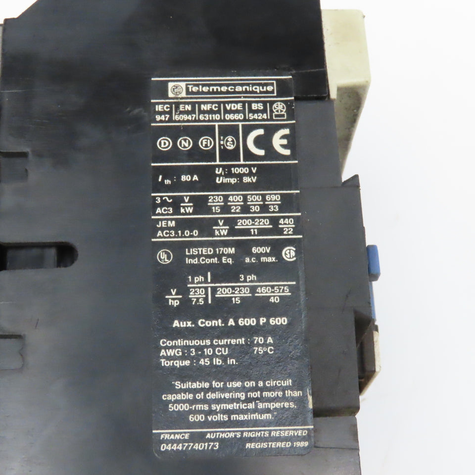 Telemecanique LC1D5011 600V 3Ph 30Hp MAX Contactor 110V 50/60Hz Coil