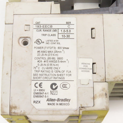 Allen Bradley 100C16D10 600V 15Hp Magnetic Contactor 1.0-5.0A Trip 193-EECB