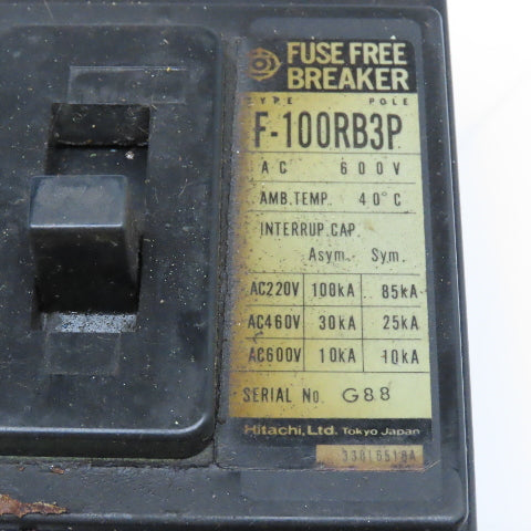 Hitachi F-100RB3P 100A 600VAC 3 Pole Molded Case Circuit Breaker