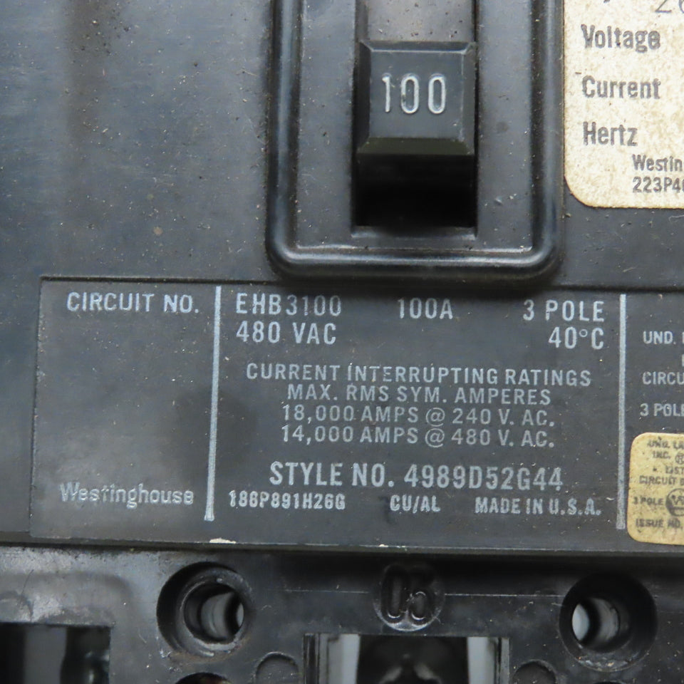 Westinghouse EBH3100 100A 480VAC 3 Pole Shunt Trip Circuit Breaker