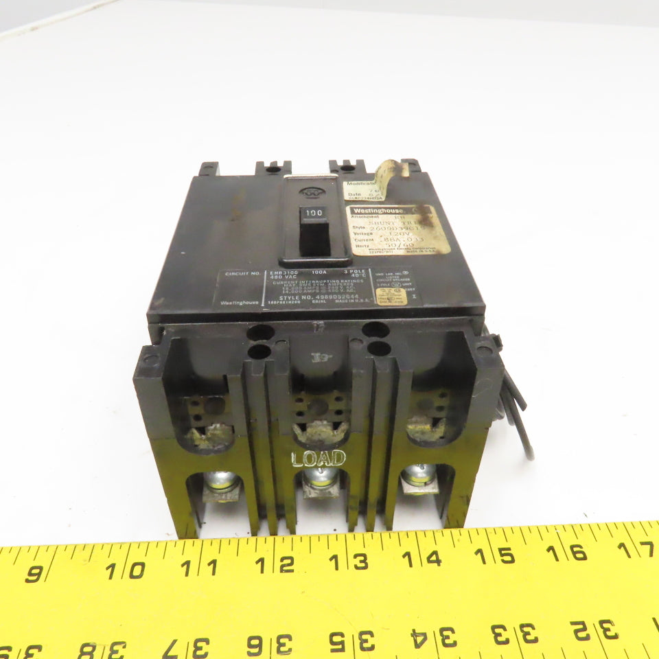 Westinghouse EBH3100 100A 480VAC 3 Pole Shunt Trip Circuit Breaker