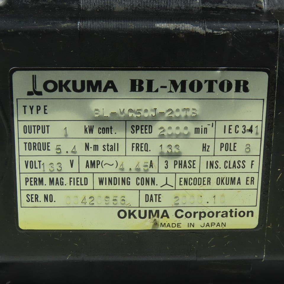 Okuma BL-MC50E-20TB 1kW 2000RPM 3Ph 133V 133Hz Servo Motor W/ER-J-72000D Encoder