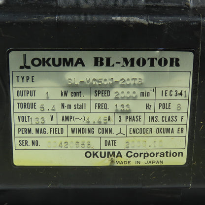 Okuma BL-MC50E-20TB 1kW 2000RPM 3Ph 133V 133Hz Servo Motor W/ER-J-72000D Encoder