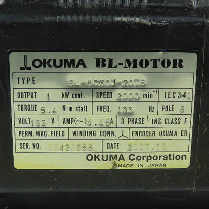 Okuma BL-MC50E-20TB 1kW 2000RPM 3Ph 133V 133Hz Servo Motor W/ER-J-72000D Encoder