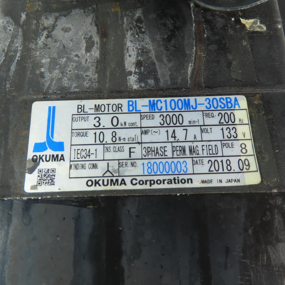 Okuma BL-MC100MJ-30SBA 3kW AC Servo Motor 3000RPM 3Ph 133V 200Hz W/ER Encoder