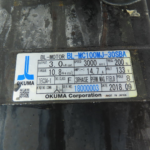 Okuma BL-MC100MJ-30SBA 3kW AC Servo Motor 3000RPM 3Ph 133V 200Hz W/ER Encoder
