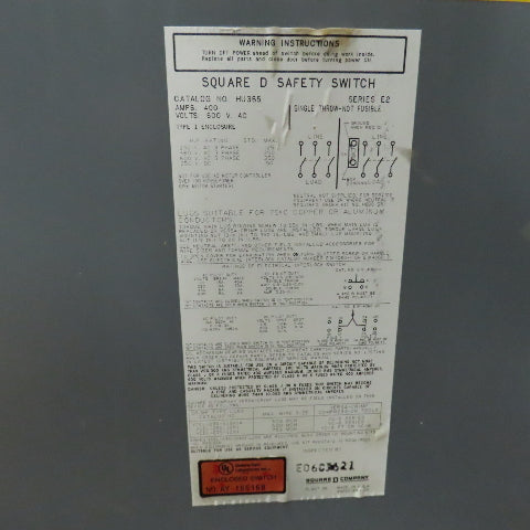 Square D HU365 400A Safety Disconnect Switch 600V AC Single Throw Non-Fusible