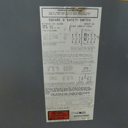 Square D HU365 400A Safety Disconnect Switch 600V AC Single Throw Non-Fusible