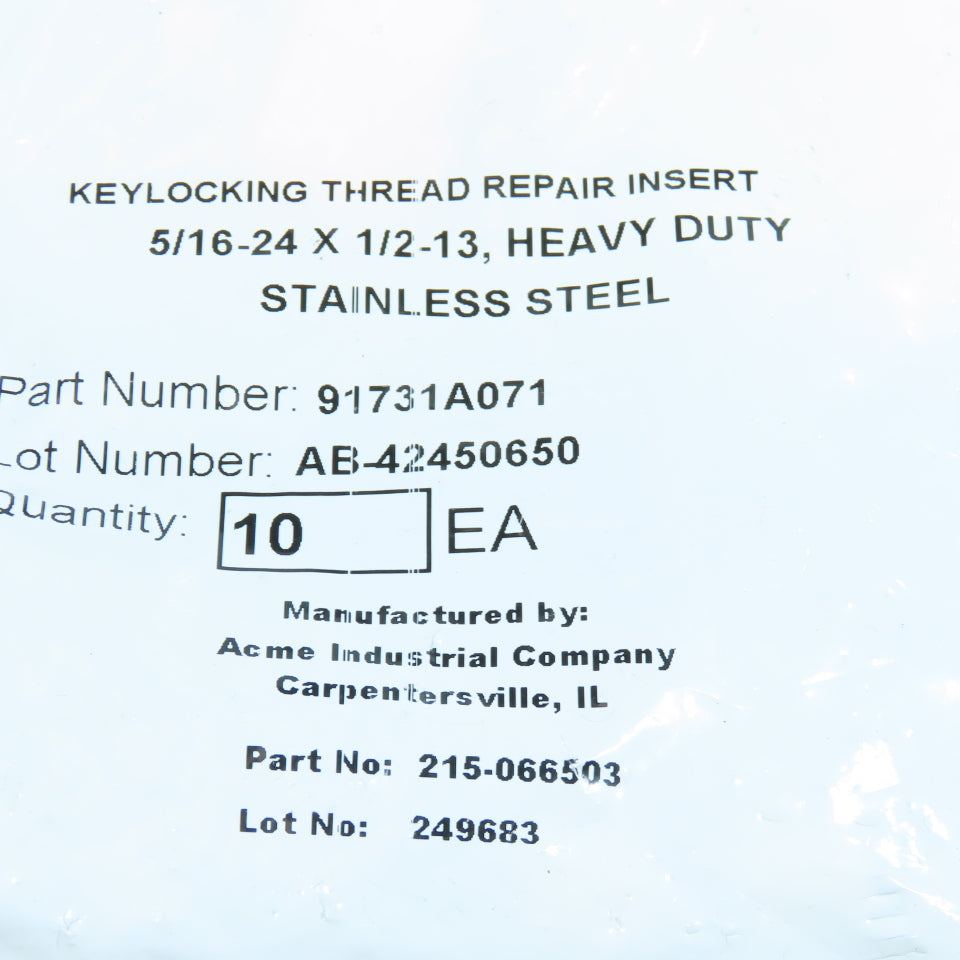91731A071 5/16"-24 x 1/2"-13 Stainless Steel Thread Repair Insert Lot of 30
