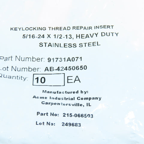 91731A071 5/16"-24 x 1/2"-13 Stainless Steel Thread Repair Insert Lot of 30
