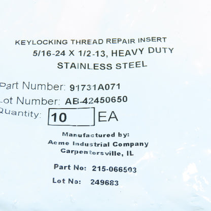 91731A071 5/16"-24 x 1/2"-13 Stainless Steel Thread Repair Insert Lot of 30