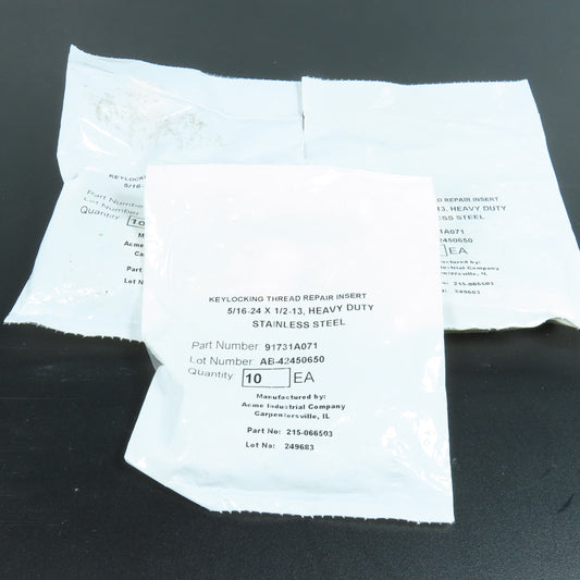 91731A071 5/16"-24 x 1/2"-13 Stainless Steel Thread Repair Insert Lot of 30