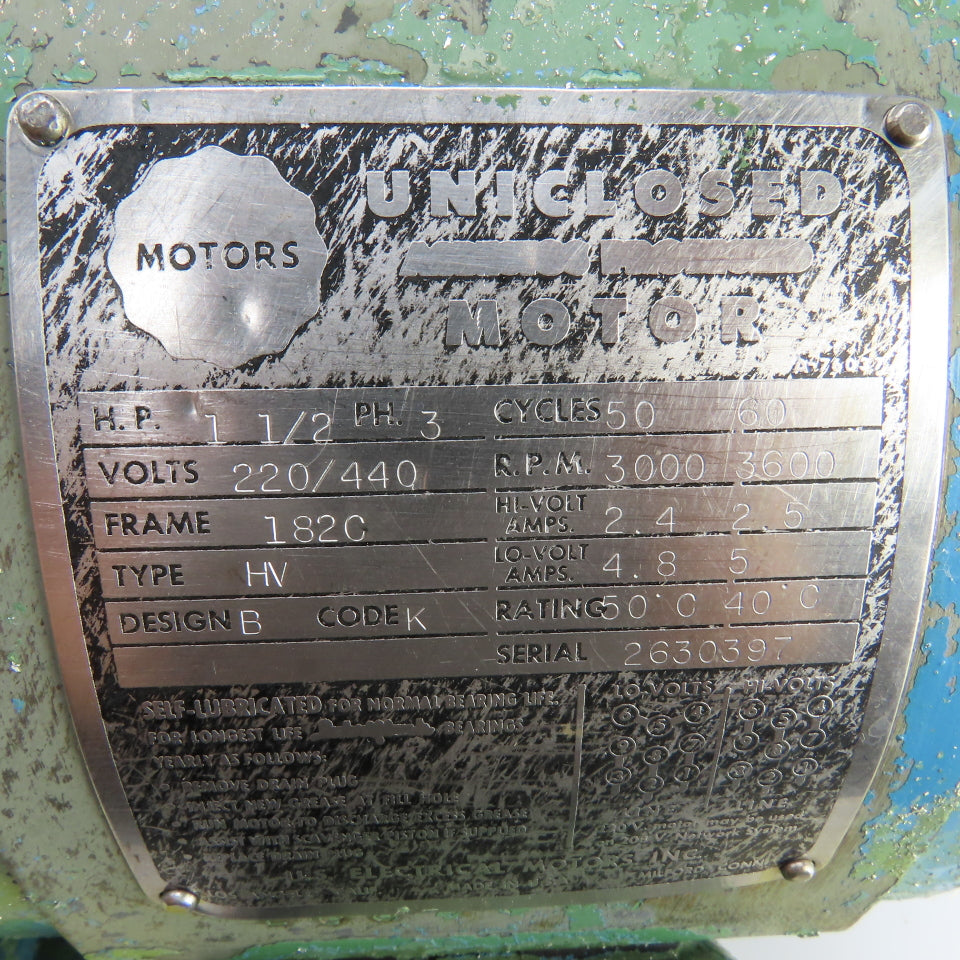 Uniclose 1-1/2HP Sampson MN-10 Double Miter Saw Motor 220/440V 3PH 1820 Frame