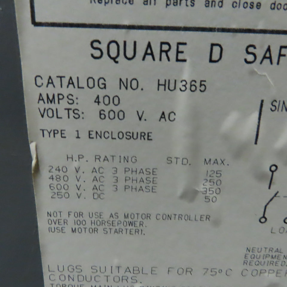 Square D HU365 400A 600V  Heavy Duty Non Fusible Safety Switch Disconnect