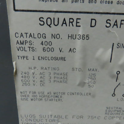Square D HU365 400A 600V  Heavy Duty Non Fusible Safety Switch Disconnect