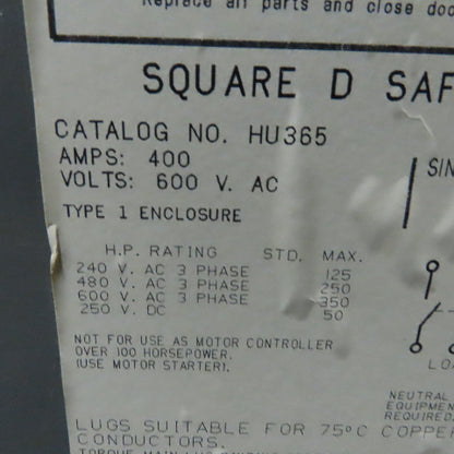Square D HU365 400A 600V  Heavy Duty Non Fusible Safety Switch Disconnect