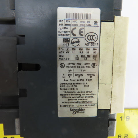 Schneider LC1 D40 LC1 D4011 600V 30HP Contactor 60A W/120V Coil