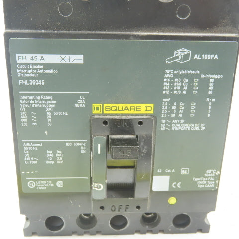 Square D FHF36045U Molde Case Circuit Breaker 45A 3 Pole 600V
