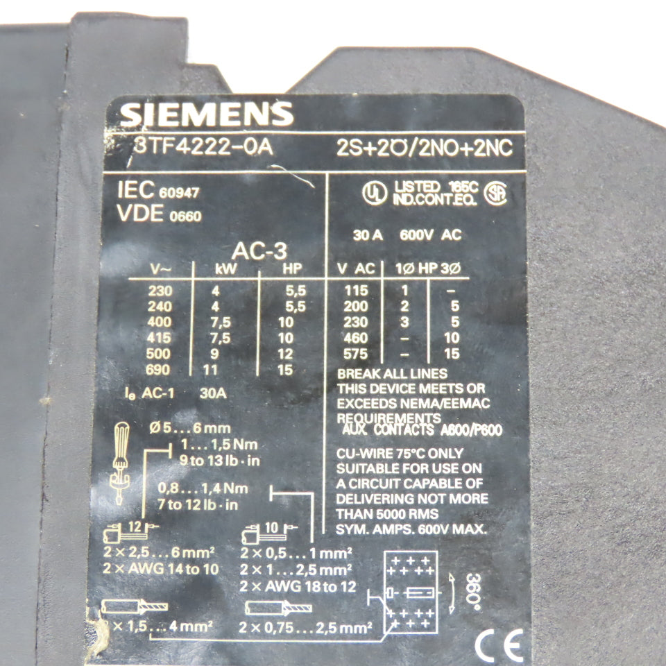 Siemens 3TF4222-0A 600V 30A Contactor Relay 110V 50/60Hz Coil Lot Of 2