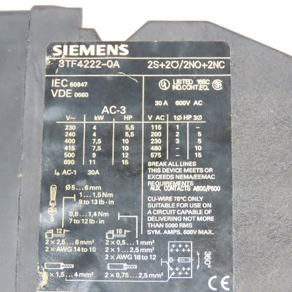 Siemens 3TF4222-0A 600V 30A Contactor Relay 110V 50/60Hz Coil Lot Of 2