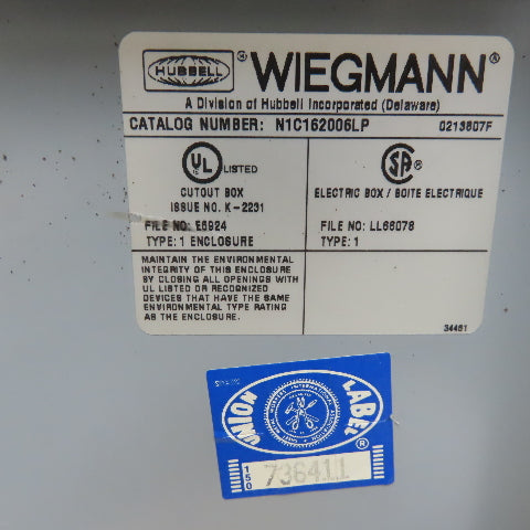 Wiegmann NIC162006LP Hinged Door Electrical Enclosure 20"x16"x6" W/Back Plate