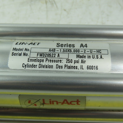 LIN-ACT A4B-1.50x5.00-2-U-HC Double Acting  Air Cylinder 1-1/2" Bore 5" Stroke