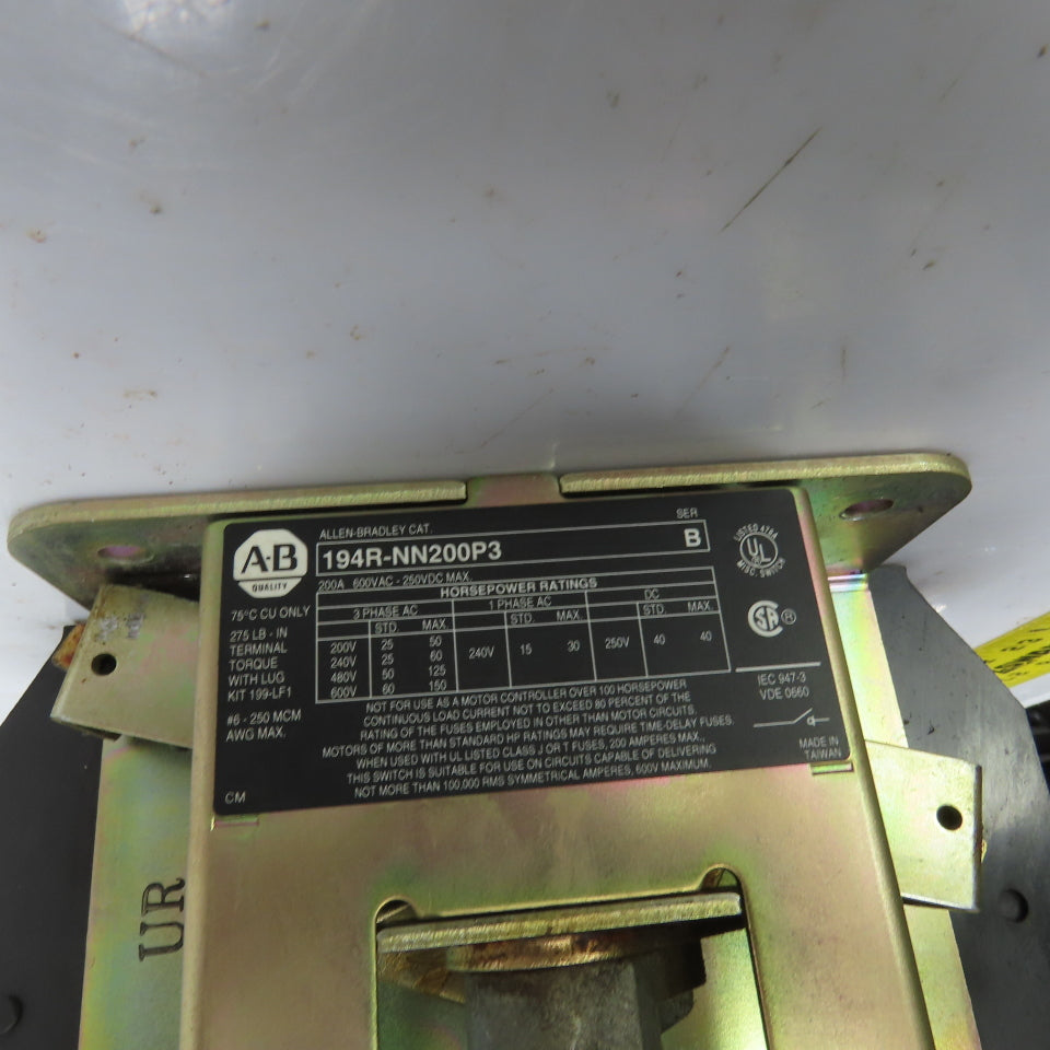 Allen Bradley 194R-NN200P3 Ser B 200A Rotary Disconnect Switch 600V AC 3PH