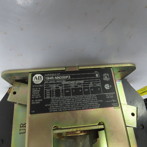 Allen Bradley 194R-NN200P3 Ser B 200A Rotary Disconnect Switch 600V AC 3PH