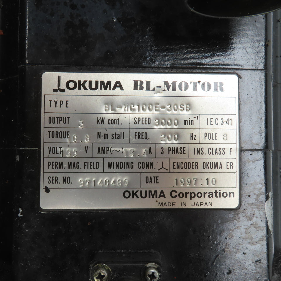 Okuma BL-MC100E-30SB 3kW AC Servo Motor 3000RPM 133V 3PH (No Back Cover)