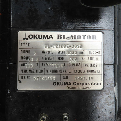 Okuma BL-MC100E-30SB 3kW AC Servo Motor 3000RPM 133V 3PH (No Back Cover)