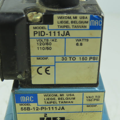 MAC 55B-12-PI-111JA Pneumatic Solenoid Valve 3/8" NPT W/PID-111JA 120V Coil