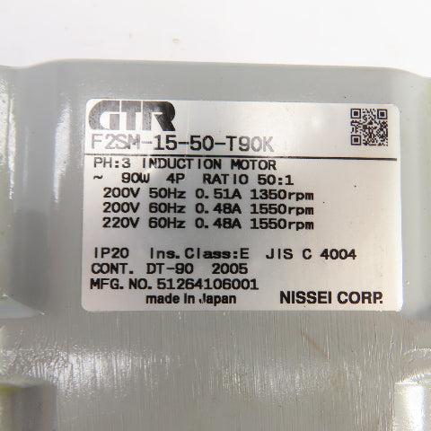Nissei F2SM-15-50-T90K GTR 50:1 Ratio Gear Motor 31RPM Output 200/220V 3PH