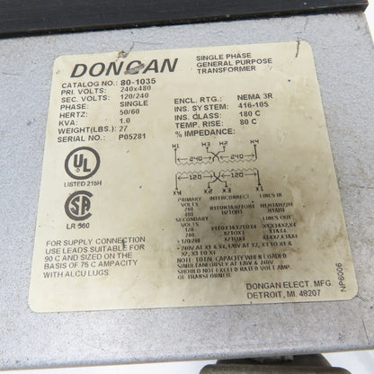 Dongan 80-1035 240/480V Primary 120/240V Secondary 1.0kVa 1Ph Transformer