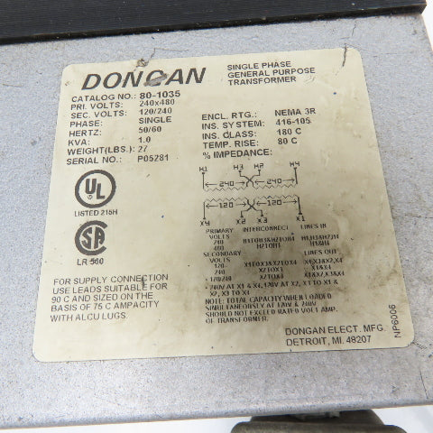 Dongan 80-1035 240/480V Primary 120/240V Secondary 1.0kVa 1Ph Transformer