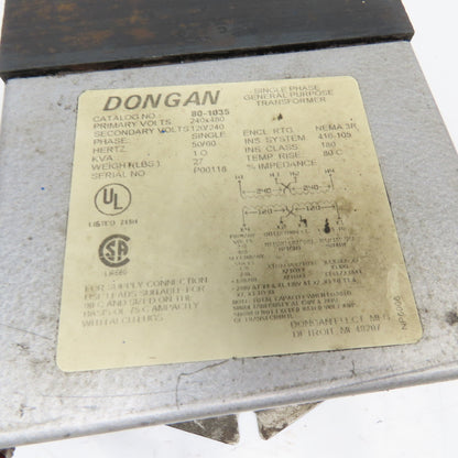 Dongan 80-1035 240/480V Primary 120/240V Secondary 1.0kVa 1Ph Transformer